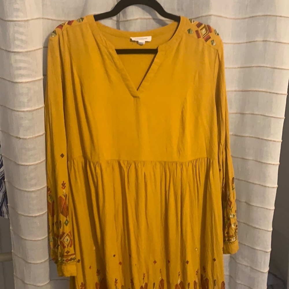 Anthropologie embroidered yellow mustard dress XL